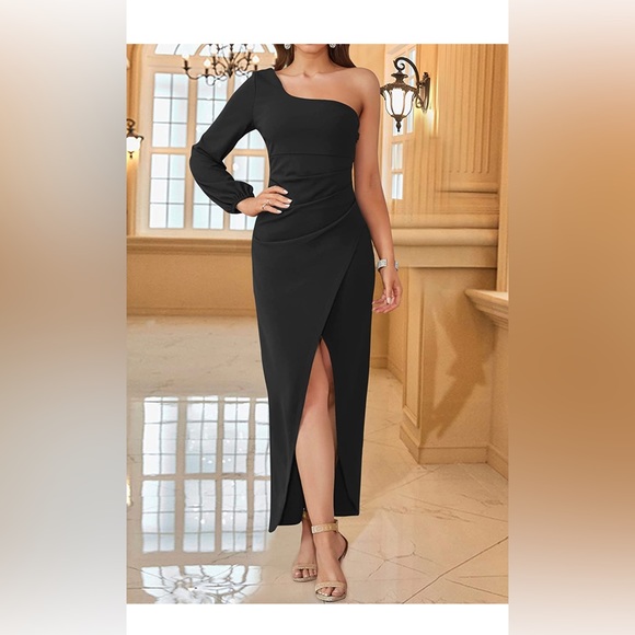 One Shoulder Long Sleeve Sexy High Slit Ruched Bodycon Wedding Party Maxi Dress - Picture 3 of 8